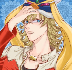 Rule 34 | 1boy, animal hat, bad id, bad pixiv id, barnaby brooks jr., blonde hair, blue eyes, cosplay, crossover, glasses, hand on headwear, hat, jacket, jewelry, luckyhiro 7, male focus, mawaru penguindrum, necklace, parody, penguin hat, princess of the crystal, princess of the crystal (cosplay), red jacket, season connection, solo, tiger &amp; bunny