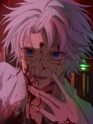 Rule 34 | 1boy, blood, blood on clothes, blood on face, blood on hands, blue eyes, chinese commentary, commentary request, glasses, grey shirt, hand up, highres, kanou aogu, lab coat, male focus, open mouth, rectangular eyewear, saibou shinkyoku, semi-rimless eyewear, shirt, short hair, sketch, smile, solo, white hair, xueruomochen