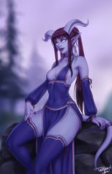 Rule 34 | 1girl, blue choker, blue dress, blue skin, blue thighhighs, breasts, choker, colored skin, detached sleeves, draenei, dress, highres, horns, long sleeves, looking at viewer, medium breasts, monster girl, outdoors, parted lips, pelvic curtain, personal ami, pine tree, plunging neckline, pointy ears, ponytail, red hair, signature, sitting, sleeve ribbon, smile, solo, tail, tail ornament, tail ring, tentacles, thighhighs, tree, warcraft, white eyes, world of warcraft