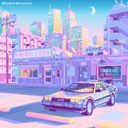 Rule 34 | abueloretrowave, artist name, blue sky, building, car, city, cityscape, commentary, crescent moon, delorean, english commentary, gradient sky, highres, industrial pipe, moon, motor vehicle, no humans, original, outdoors, parking block, parking lot, pastel colors, pixel art, power lines, radio antenna, scenery, shop, sign, sky, skyscraper, sunset, transformer, utility pole, vaporwave, vent (object), window