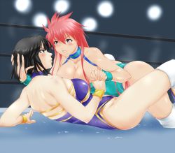 Rule 34 | 2girls, black hair, blush, boots, breasts, cleavage, grey eyes, hand on another&#039;s head, large breasts, leotard, long hair, lying on person, mighty yukiko, minami toshimi, multiple girls, pink hair, short hair, smile, sweat, tomjpn, wrestle angels, wrestle angels survivor, wrestling, wrestling outfit, wrestling ring, yuri