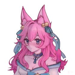 Rule 34 | 1girl, ahri (league of legends), animal ear fluff, animal ears, bare shoulders, breasts, cleavage, closed mouth, collarbone, expressionless, fox ears, green ribbon, grey background, hair ornament, hair ribbon, highres, large breasts, league of legends, long hair, neck ribbon, pink hair, portrait, ribbon, simple background, solo, spirit blossom (league of legends), spirit blossom ahri, upper body, vastaya, xi er