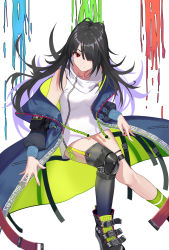Rule 34 | 1girl, arm strap, bad id, bad pixiv id, belt, belt boots, black hair, black thighhighs, boots, c-ms (girls&#039; frontline), closed mouth, clothes writing, coat, collarbone, dress, expressionless, floating, floating hair, girls&#039; frontline, green socks, hair over one eye, head tilt, highres, knee pads, long hair, looking at viewer, microdress, mole, mole under eye, multicolored coat, multiple belts, off shoulder, open clothes, open coat, pocket, red eyes, sidelocks, simple background, single knee pad, single sock, single thighhigh, socks, solo, strap, thigh strap, thighhighs, tsuaaa, white dress, zipper