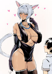 Rule 34 | 1boy, 1girl, animal ears, bare shoulders, blush, choker, dark skin, elbow gloves, final fantasy, final fantasy xiv, gloves, heart, highres, jewelry, liangjushuang, necklace, revealing clothes, shirt, simple background, skindentation, tail, thighhighs, white background, white shirt, y&#039;shtola rhul