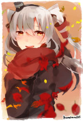 Rule 34 | 10s, 1girl, amatsukaze (kancolle), autumn, autumn leaves, blush, brown coat, brown eyes, coat, hair between eyes, hair tubes, kantai collection, kumahara, leaf, long hair, looking at viewer, red scarf, scarf, silver hair, smile, solo, twitter username, two side up, upper body