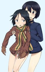 Rule 34 | 2girls, bandaid, bandaid on face, black eyes, black hair, blue background, blue hair, blue jacket, blue panties, brave witches, brown gloves, brown jacket, cowboy shot, fankupl, frown, gloves, gluteal fold, highres, holding person, jacket, kanno naoe, long sleeves, looking at another, looking back, military, military uniform, multicolored clothes, multicolored scarf, multiple girls, no pants, open mouth, panties, red eyes, scarf, shimohara sadako, short hair, simple background, smile, standing, striped clothes, striped scarf, thigh gap, underwear, uniform, world witches series
