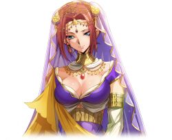Rule 34 | 1girl, arabian clothes, artist request, blue eyes, blue gemstone, breasts, brooch, cleavage, closed mouth, code geass, code geass: lost stories, crop top, cropped torso, earrings, elbow gloves, eyeshadow, female focus, game cg, gem, gloves, gold, hair intakes, half-closed eyes, happy, headpiece, high-waist skirt, jewelry, kouzuki kallen, large breasts, looking at viewer, neck ring, necklace, non-web source, official art, purple shirt, purple skirt, red eyeshadow, red gemstone, red hair, sash, see-through, shiny skin, shirt, short hair, short sleeves, sidelocks, simple background, skirt, smile, solo, standing, transparent background, upper body, veil, white gloves