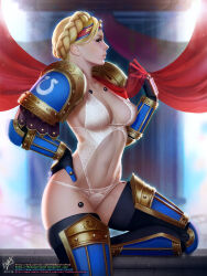 Rule 34 | 1girl, adeptus astartes, armor, armored boots, artist name, blonde hair, blue eyes, boots, bra, breasts, cleavage, closed mouth, gauntlets, hand on own hip, highres, lingerie, lips, looking at viewer, medium breasts, navel, omega symbol, panties, pantylines, pauldrons, red curtains, short hair, shoulder armor, solo, space marine, stomach, themaestronoob, ultramarines, underwear, warhammer 40k, watermark, web address, white bra, white panties