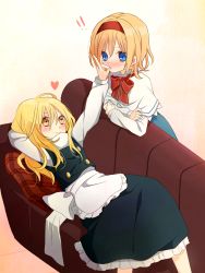 Rule 34 | !, !!, 2girls, alice margatroid, apron, ascot, blonde hair, blush, capelet, couch, couple, hairband, hand on another&#039;s face, heart, kirisame marisa, long hair, lying, multiple girls, pillow, short hair, smile, touhou, tsuno no hito, waist apron, yuri