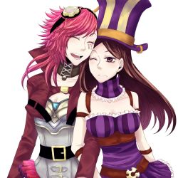 Rule 34 | 2girls, bad id, bad pixiv id, breasts, brown eyes, brown hair, caitlyn (league of legends), cleavage, envyra, closed eyes, goggles, hat, league of legends, locked arms, multiple girls, one eye closed, pink hair, tattoo, vi (league of legends), wink