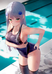 Rule 34 | 1girl, adjusting clothes, adjusting swimsuit, black legwear, blue one-piece swimsuit, blunt bangs, breasts, cleavage, clothes pull, competition swimsuit, cowboy shot, girls&#039; frontline, green eyes, highres, hk416 (girls&#039; frontline), large breasts, one-piece swimsuit, one-piece swimsuit pull, pool, poolside, shirosaba, solo, swimsuit