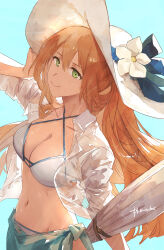 Rule 34 | 1girl, aqua sarong, artist name, bikini, blue background, breasts, cleavage, flower, girls&#039; frontline, green eyes, hair between eyes, hat, hat flower, hat ribbon, hei chuan gui, highres, long hair, looking at viewer, medium breasts, navel, official alternate costume, ribbon, sarong, see-through, see-through shirt, smile, solo, springfield (girls&#039; frontline), springfield (stirring mermaid) (girls&#039; frontline), sun hat, swimsuit, upper body, white hat