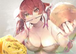 Rule 34 | 1girl, bare shoulders, blurry, blurry foreground, bowl, breasts, chopsticks, cleavage, collarbone, commentary, food, foreshortening, from below, hair between eyes, hair ribbon, heterochromia, holding, hololive, houshou marine, large breasts, long hair, looking at viewer, mouth hold, red eyes, red hair, red ribbon, ribbon, rice, rice bowl, solo, steam, strap gap, strap slip, twintails, upper body, virtual youtuber, wankosukii, yellow eyes
