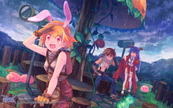 1boy 2girls animal_ears black_footwear black_gloves blonde_hair blue_eyes blue_hair blue_pants blush brown_eyes brown_footwear brown_gloves brown_hair brown_shirt chest_guard closed_mouth copyright_notice crop_top day demon_wings dress fake_animal_ears fake_wings fence fingerless_gloves full_body fur-trimmed_pants fur-trimmed_shirt fur_trim garter_straps gloves guest_art head_wings high_priest_(ragnarok_online) highres in-universe_location juliet_sleeves logo long_hair long_sleeves multiple_girls novice_(ragnarok_online) official_art official_wallpaper open_clothes open_mouth open_shirt orange_eyes outdoors overcast pants pelvic_curtain pink_shorts poring puffy_sleeves rabbit_ears ragnarok_online rain red_dress roda_frog salute sash shatiko shirt shoes short_hair shorts sitting sitting_on_tree_stump sky sleeveless sleeveless_shirt slime_(creature) smile standing suspenders telescope thighhighs two-tone_dress vambraces wet wet_clothes white_dress white_sash white_shirt white_thighhighs whitesmith_(ragnarok_online) wings wooden_fence