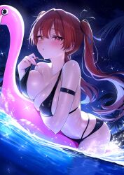 1girl alternate_costume bare_shoulders bikini black_bikini blush breasts cleavage commentary_request hair_intakes heterochromia highres holika_baby hololive houshou_marine inflatable_flamingo large_breasts long_hair looking_at_viewer night night_sky open_mouth red_eyes red_hair skindentation sky solo swimsuit twintails virtual_youtuber water wet yellow_eyes