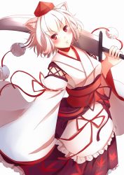 Rule 34 | 1girl, animal ears, blush, detached sleeves, hat, highres, inubashiri momiji, kanzakietc, looking at viewer, looking up, obi, over shoulder, pom pom (clothes), red eyes, sash, short hair, silver hair, simple background, solo, sword, sword over shoulder, tail, tokin hat, touhou, weapon, weapon over shoulder, white background, wolf ears, wolf tail