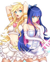 Rule 34 | absurdres, arms up, blonde hair, blue eyes, blue hair, breasts, closed mouth, collarbone, colored inner hair, dress, funkygarage, highres, long hair, looking at viewer, medium breasts, multicolored hair, navel, open mouth, panty &amp; stocking with garterbelt, panty (psg), purple hair, siblings, simple background, sisters, skirt, smile, standing, stocking (psg), thighhighs, tongue, tongue out, white background, white skirt, white thighhighs