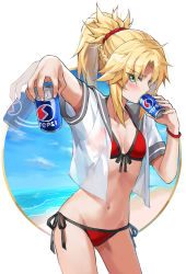 Rule 34 | 1girl, afterimage, beach, bikini, blue sky, blush, braid, brand name imitation, breasts, can, collarbone, commentary request, day, drink can, drinking, fate/grand order, fate (series), french braid, green eyes, hair ornament, hair scrunchie, highres, long hair, looking at viewer, mordred (fate), mordred (fate) (all), mordred (swimsuit rider) (fate), mordred (swimsuit rider) (second ascension) (fate), navel, open clothes, open shirt, parted bangs, pepsi, ponytail, red bikini, red scrunchie, sailor collar, scrunchie, shirt, shore, short sleeves, sidelocks, sky, small breasts, soda can, swimsuit, thighs, tonee, white shirt