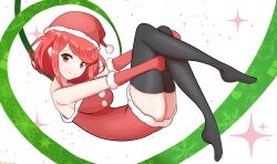 Rule 34 | 1girl, black pantyhose, dress, full body, gloves, hat, highres, looking at viewer, pantyhose, pyra (xenoblade), red eyes, red gloves, red hair, red hat, santa dress, santa hat, short hair, sleeveless, sleeveless dress, smile, solo, swept bangs, thedarkestuno, xenoblade chronicles (series), xenoblade chronicles 2
