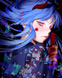 Rule 34 | 1girl, absurdres, black nails, blood, blood on face, blood on hands, blue eyes, blue hair, blue kimono, closed mouth, commentary, english commentary, fingernails, floral print, folded fan, folding fan, hand fan, highres, holding, holding fan, horns, japanese clothes, kimono, long hair, looking at viewer, nail polish, nea (nongta2002), original, pointy ears, print kimono, red horns, solo