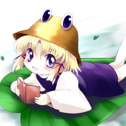 Rule 34 | 1girl, blonde hair, blue eyes, blush, book, female focus, gradient background, hat, highres, lily pad, lying, moriya suwako, on stomach, open book, reading, short hair, smile, solo, thighhighs, touhou, white background, yume shokunin