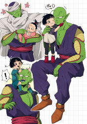 Rule 34 | !, 1boy, 1girl, absurdres, aged down, alien, antennae, baby, bald, black hair, black pants, blunt bangs, blush, blush stickers, brown footwear, cape, checkered background, child, closed mouth, collarbone, colored skin, commentary request, dougi, dragon ball, dragon ball super, dragon ball super super hero, fingerless gloves, full body, gloves, green skin, heads together, highres, invisible chair, multiple views, namekian, no eyebrows, one eye closed, open mouth, pan (dragon ball), pants, parted lips, piccolo, pointy ears, red footwear, red sash, sash, shirt, short hair, sitting, spoken exclamation mark, turban, upper body, usarinko, white cape, white shirt