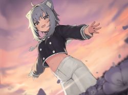 Rule 34 | 1girl, :d, ahoge, animal ear fluff, animal ears, black hairband, black shirt, blouse, blurry, blurry foreground, blush, breasts, cat ears, cat girl, commentary request, crop top, depth of field, fang, flower, hair intakes, hairband, highres, hololive, long sleeves, looking at viewer, midriff, navel, nekomata okayu, nekomata okayu (casual), open mouth, outdoors, petals, purple eyes, purple flower, purple hair, sailor collar, seramikku, shirt, shorts, sleeves past wrists, small breasts, smile, solo, standing, sunset, virtual youtuber, white neckwear, white sailor collar, white shorts