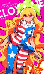 Rule 34 | 1girl, :/, alternate color, american flag dress, american flag legwear, blonde hair, breasts, character name, clownpiece, fire, hair between eyes, hat, highres, holding, holding torch, jester cap, long hair, looking at viewer, mindoll, neck ruff, pantyhose, pink background, pink eyes, polka dot, short sleeves, small breasts, solo, torch, touhou