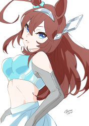 Rule 34 | 1girl, absurdres, animal ears, artist name, blue eyes, blue skirt, breasts, brown hair, closed mouth, clothing cutout, crop top, hairband, highres, horse ears, long hair, long sleeves, looking at viewer, medium breasts, midriff, mihono bourbon (umamusume), shoulder cutout, simple background, skirt, solo, umamusume, upper body, v-shaped eyebrows, white background, zetsuyo chimayo