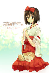 Rule 34 | 1girl, animal, animal on lap, bad id, bad nicoseiga id, bow, brown eyes, brown hair, cat, cat on lap, hair bow, japanese clothes, looking at viewer, miko, on lap, original, sechichi xd, short hair, sitting, solo