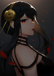 Rule 34 | 1girl, bare shoulders, black dress, black hair, commentary, dress, hairband, highres, long hair, petals, red eyes, red lips, rose petals, sasoura, sidelocks, solo, spy x family, symbol-only commentary, yellow hairband, yor briar