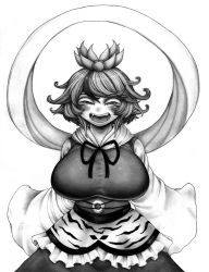 Rule 34 | 1girl, blush, breasts, commentary request, dress, fangs, female focus, greyscale, half-closed eyes, happy, huge breasts, kawazoi riverside, monochrome, short hair, simple background, slit pupils, solo, touhou, white background