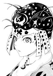 Rule 34 | 1girl, animification, commentary request, facial mark, greyscale, hat, highres, himiko (historical person), japanese clothes, jewelry, magatama, magatama necklace, monochrome, necklace, niwatori sennin, portrait, real life, solo