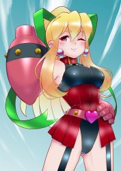 Rule 34 | 1girl, absurdres, android, arm cannon, artist request, belt, black leotard, blonde hair, blue background, blush, breasts, brown eyes, capcom, cleavage, cleavage cutout, clothing cutout, collar, dark persona, earrings, gloves, hair ribbon, hand on own hip, heart, highres, jewelry, leotard, long hair, looking at viewer, medium breasts, mega man (series), aged up, one eye closed, pink belt, pink gloves, ponytail, red skirt, ribbon, robot, roll (mega man), sidelocks, skirt, skull, skull earrings, smile, spiked belt, spikes, standing, weapon, wink