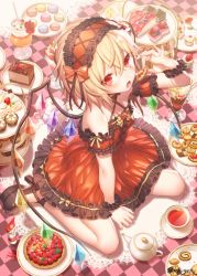 Rule 34 | 1girl, alternate costume, alternate headwear, arm garter, bare shoulders, between legs, black footwear, blonde hair, blush, bow, cake, checkered floor, cookie, cup, detached sleeves, doily, dress, drinking glass, flandre scarlet, food, frilled dress, frills, from above, from side, fruit, fruit tart, full body, hair between eyes, hair bow, hairband, halterneck, hand between legs, hand up, holding, kikugetsu, lolita hairband, looking at viewer, open mouth, parfait, pinky out, plate, puffy detached sleeves, puffy short sleeves, puffy sleeves, red bow, red dress, red eyes, ribbon, shoes, short sleeves, sitting, solo, strawberry, strawberry shortcake, strawberry tart, tart (food), teacup, teapot, thumbprint cookie, tiered tray, touhou, tray, twitter username, wariza, white legwear, wings, wrist cuffs