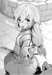 Rule 34 | 1boy, 1girl, blush, breasts, greyscale, long hair, looking at viewer, low-tied long hair, monchan rev3, monochrome, open mouth, original, outstretched hand, pointing, pov, skirt, small breasts, solo focus