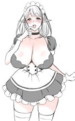 Rule 34 | 1girl, apron, blush, breasts, choker, cowboy shot, elf, female focus, gloves, highres, large breasts, maid, maid headdress, monochrome, pointy ears, revealing clothes, sketch, solo, spot color, standing, thighhighs, tongue, tongue out, usagi nagomu