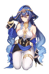 Rule 34 | 1girl, bare shoulders, blue hair, blue hood, blue sleeves, breasts, claw ring, drill hair, drill sidelocks, genshin impact, gold choker, highres, hood, hood up, jewelry, kneeling, layla (genshin impact), long hair, looking at viewer, medium breasts, neck ring, pantyhose, pointy ears, sidelocks, sob (submar1089), solo, thighlet, twin drills, white background, white pantyhose, yellow eyes