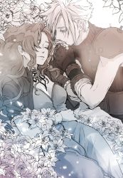 Rule 34 | 1boy, 1girl, aerith gainsborough, armor, asymmetrical hair, bandaged arm, bandages, belt, bracelet, breasts, choker, cleavage, closed eyes, cloud strife, couple, cropped jacket, crying, curly hair, demi co, dress, earrings, final fantasy, final fantasy vii, flower bed, gloves, greyscale, hair down, hetero, highres, holding hands, jewelry, kiss, kissing hand, long dress, long hair, medium breasts, monochrome, parted bangs, shoulder armor, sidelocks, single earring, sleeveless, sleeveless turtleneck, spiked hair, suspenders, tears, turtleneck, upper body