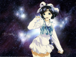 Rule 34 | 1280, 1990s (style), 1girl, :d, black hair, blue bow, blue bowtie, blue eyes, bow, bowtie, contrapposto, dress, hair ribbon, hakuhouin ayano, jewelry, long sleeves, looking at viewer, necklace, open mouth, retro artstyle, ribbon, short hair, smile, solo, soreyuke! uchuu senkan yamamoto youko, space, standing, star (sky), star (symbol), wallpaper, white dress, x960, yamamoto youko