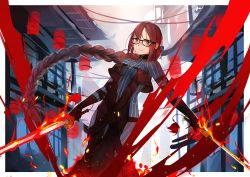 Rule 34 | 1girl, architecture, black dress, braid, breasts, brown hair, choker, closed mouth, drakhend66, dress, dual wielding, east asian architecture, fate/grand order, fate (series), fire, glasses, highres, holding, holding sword, holding weapon, long hair, looking at viewer, medium breasts, red eyes, single braid, solo, standing, striped bodysuit, sword, very long hair, weapon, yu mei-ren (fate), yu mei-ren (first ascension) (fate)