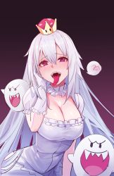 Rule 34 | 1girl, blush, boo (mario), breasts, cleavage, crown, dress, gloves, gradient background, hand up, highres, large breasts, long hair, looking at viewer, luigi&#039;s mansion, mario (series), mini crown, nekojira, new super mario bros. u deluxe, nintendo, pink eyes, princess king boo, puffy short sleeves, puffy sleeves, purple background, sharp teeth, short sleeves, smile, solo, super crown, teeth, tongue, tongue out, white dress, white gloves, yandere trance