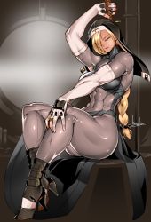 Rule 34 | 1girl, abs, blonde hair, bodysuit, bowalia, braid, candle, candlestand, clothes lift, cross, elbow gloves, closed eyes, gloves, habit, hair over one eye, hair ribbon, hand on own knee, high heels, long braid, mirror, muscular, muscular female, nun, original, over shoulder, ribbon, sitting, skirt, solo, thick thighs, thighs, weapon, weapon over shoulder