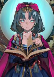 Rule 34 | 1girl, blue dress, book, bow, braid, cape, commentary request, cowboy shot, dress, glasses, green hair, hair bow, highres, holding, holding book, lam (ramdayo), long hair, looking at viewer, original, parted lips, pink cape, solo, twin braids