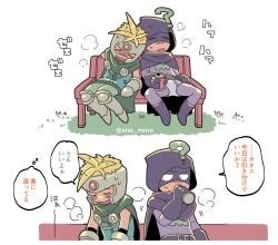 Rule 34 | 2boys, = =, armor, bench, black cloak, black gloves, blonde hair, blue shirt, bodysuit, butters stotch, can, cape, check translation, cloak, eye mask, frown, full body, gauntlets, gloves, greaves, green cape, green pants, helmet, holding, holding can, hood, hood up, kenny mccormick, male focus, mina shon, multiple boys, mysterion, pants, professor chaos, purple bodysuit, shirt, simple background, sitting, sleeveless, south park, speech bubble, sweatdrop, translation request, white background