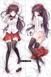 Rule 34 | 10s, 1girl, arm up, artist name, ass, bakugadou, bed sheet, black thighhighs, blue eyes, blush, bow, bra, breasts, brown footwear, brown hair, buttons, closed mouth, collared shirt, dakimakura (medium), eyebrows, full body, hair bow, hand on own ass, hand up, large breasts, long hair, long sleeves, looking at viewer, lying, multiple views, neckerchief, new game!, no pants, no shoes, on back, on side, open clothes, open shirt, panties, pink bra, pink panties, pleated skirt, red bow, red skirt, shirt, shoes, unworn shoes, sidelocks, single shoe, skirt, skirt around one leg, takimoto hifumi, thighhighs, underwear, watermark, white shirt, wrist cuffs, zettai ryouiki