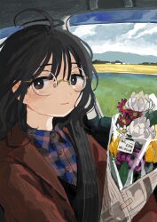 Rule 34 | 1girl, absurdres, black eyes, black hair, blue shirt, blush, bouquet, bright pupils, buttons, car interior, closed mouth, cloud, cloudy sky, collared shirt, commentary request, day, driving, floating hair, flower, flower request, glasses, highres, holding, holding bouquet, jacket, long hair, looking at viewer, mountainous horizon, multicolored shirt, open clothes, open jacket, open window, original, pink flower, pink shirt, plaid, plaid shirt, price tag, purple flower, ribbed jacket, rice paddy, right-hand drive, round eyewear, seatbelt, shirt, sky, smile, solo, tareme, upper body, white flower, white pupils, window, yellow flower, zinbei