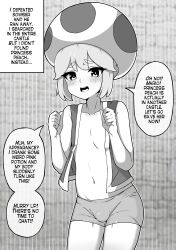Rule 34 | 1boy, absurdres, blush, brick wall, bulge, clenched hands, collarbone, commentary, double-parted bangs, english commentary, english text, eyelashes, furrowed brow, hashite a, hat, highres, humanization, inktober, looking at viewer, mario (series), mushroom hat, navel, nintendo, open clothes, open mouth, open vest, petite, solo, speech bubble, teeth, thick eyebrows, toad (mario), tongue, transformation, trap, upper teeth only, vest