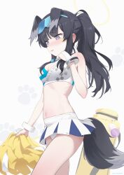 Rule 34 | 1girl, absurdres, animal ears, bare arms, bare shoulders, bei liou, black hair, blue archive, blue eyes, blush, breasts, cheerleader, dog ears, dog girl, dog tail, eyewear on head, goggles, goggles on head, halo, hibiki (blue archive), hibiki (cheer squad) (blue archive), highres, holding, holding pom poms, medium breasts, millennium cheerleader outfit (blue archive), official alternate costume, panties, pom pom (cheerleading), pom poms, skirt, solo, star sticker, sticker on face, stomach, tail, text print, underwear, white panties, white skirt, yellow halo