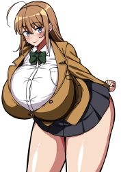 Rule 34 | 1girl, ahoge, arms behind back, blazer, blue eyes, blush, breast pocket, breasts, brown hair, curvy, earrings, green neckwear, grey skirt, highres, huge breasts, impossible clothes, impossible shirt, jacket, jewelry, komusou (jinrikisha), looking at viewer, ooba minori, original, pocket, school uniform, shiny skin, shirt, sidelocks, simple background, skirt, smile, solo, stud earrings, thick thighs, thighs, white background, white shirt